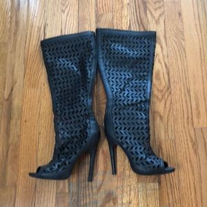 Knee length open toe boots